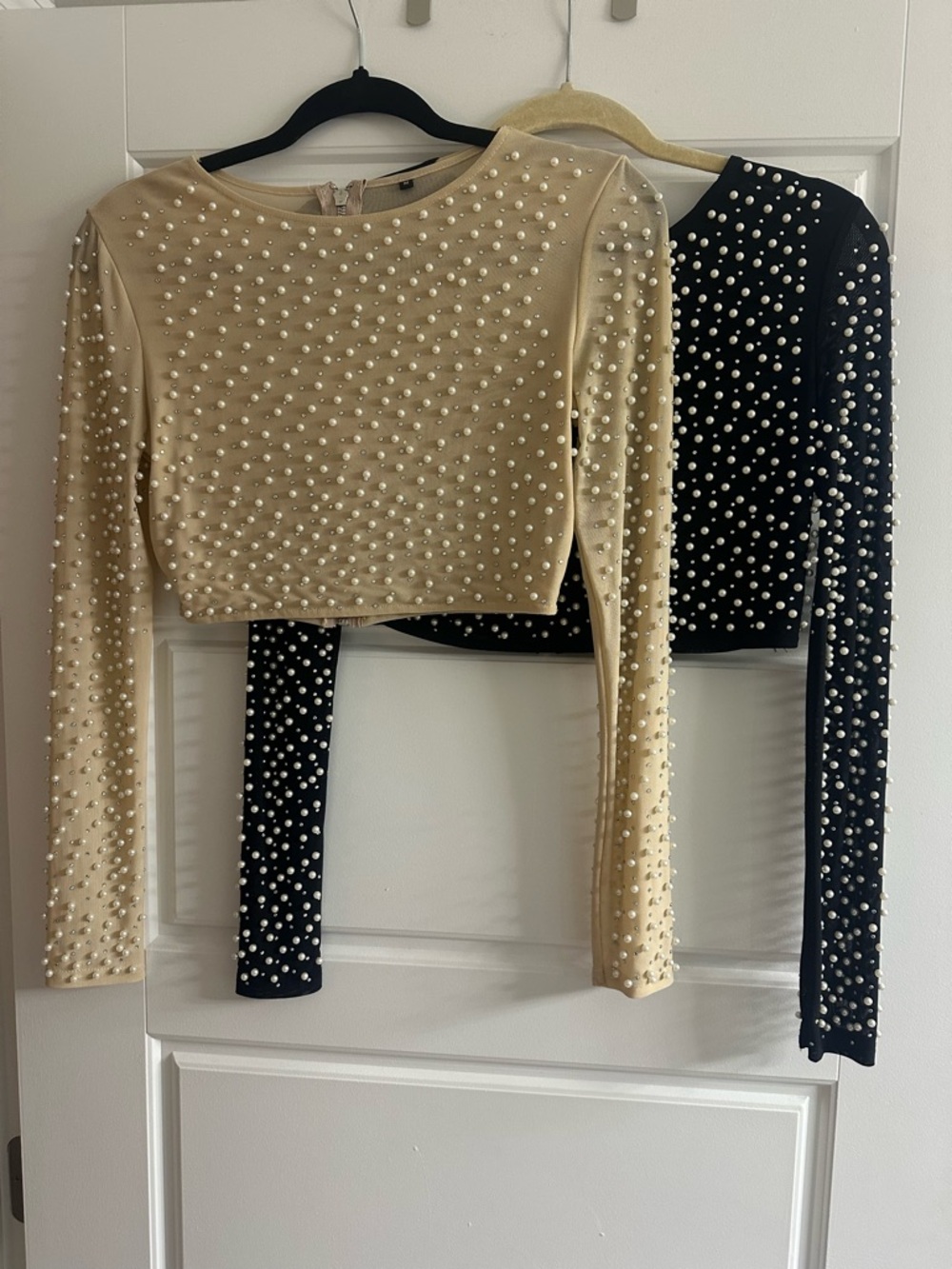 Sheer Pearl Embellished Long Sleeve Crop Tops
